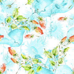 Seamless watercolour sunflowers pattern. watercolor strawberry, berry,pear fruit, pear slice. Autumn plant. Watercolor pattern, element, drawing. Sunflower harvest. fabric, scarf