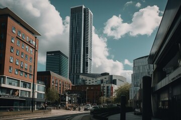 Fototapeta na wymiar View of Leeds city center and Bridgewater Place skyscraper. Located in Yorkshire, northern England, United Kingdom. Generative AI