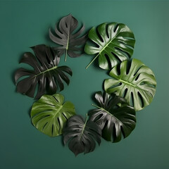 tropical monstera leaves set on a green background
