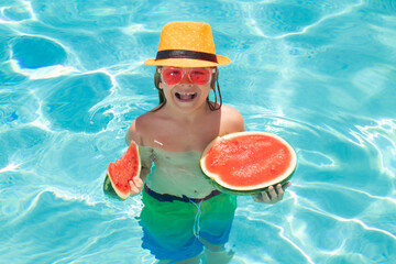 Child in swimming pool hold watermelon. Vacation and traveling with kids. Summer watermelon fruit for children.