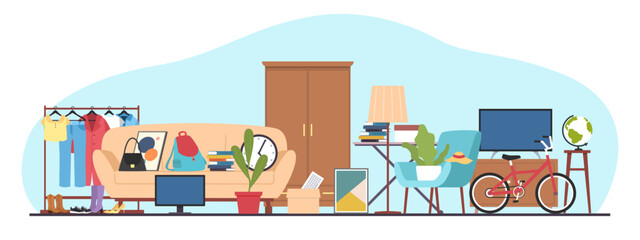 Garage sale concept, flea market, buying antiques, old things, furniture and books. Second Hand clothes. Antique accessory. Horizontal banner template. Vector cartoon flat isolated illustration
