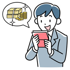 通帳を見て喜ぶビジネスマンの上半身