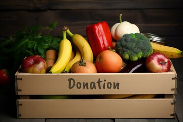 Various Foods In A Donation Cardboard Box. Food for poor. Charity, donation and volunteering concept. Food bank. Generative AI