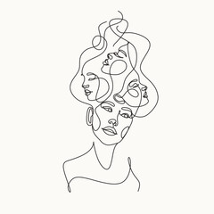 Creative line art drawing concept of woman head with hair like faces. Surreal illustration of thinking woman. Different faces of woman. Hair salon concept. Trendy mininalist illustration mental health