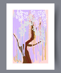 Landscape tree blooming sakura wall art print. Contemporary decorative background with sakura. Wall artwork for interior design. Printable minimal abstract tree poster. Generative AI