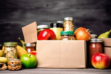 Various Foods In A Donation Cardboard Box and copy space for text. Food for the poor. Charity, donation and volunteering concept. Food bank. Generative AI