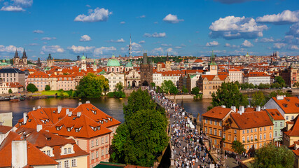 Prague historical center beautiful skyline with Charles Bridge and River Vltava - 598243220
