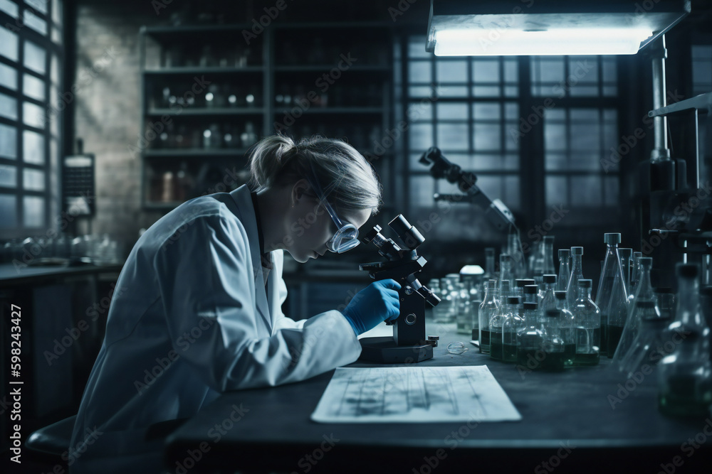Aufkleber scientist in a lab. research and experimenting concept. created with generative ai technology.