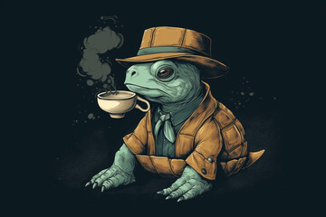 a turtle being a detective and drinking coffee | Generative Ai