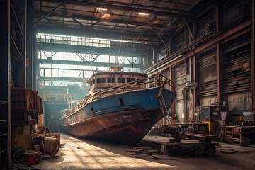 Fototapeta na wymiar Old rusty ship under repair on dry dock. Created with Generative AI technology.