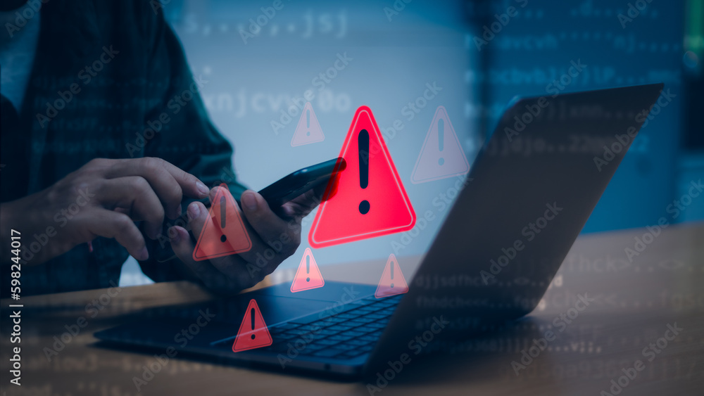 Poster concept, warning or alert tech scam, users get smartphone warnings have access to malicious cyberatt