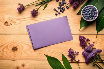 Top view of lilac flowers and blank postcard on natural vibrant background with copy space