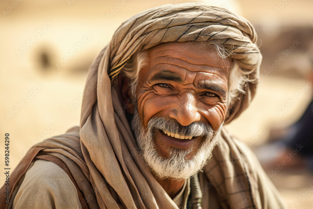 Poster a portrait of a smiling old muslim. created with generative ai technology.