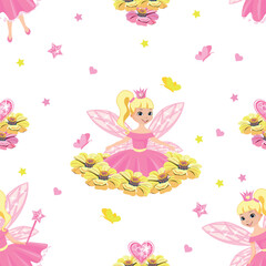 Obraz na płótnie Canvas Beautiful princess seamless pattern in cartoon style. Vector background with cute fairies, flowers and butterflies.