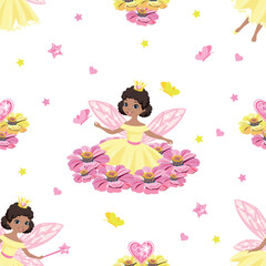 Beautiful princess seamless pattern in cartoon style. Vector background with cute fairies, flowers and butterflies.