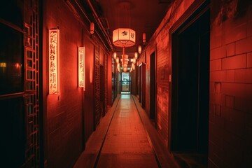 Fototapeta na wymiar Dim passageway lit by glowing fluorescents. Generative AI