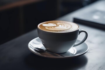A latte cup on a table presented with smooth lines, soft focus lens, strong contrast, and chiaroscuro, creating a highly detailed and intricate image of latte art. The composition evokes a comfortable