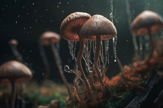 Illustration of eerie mushroom hypha tendrils. Generative AI