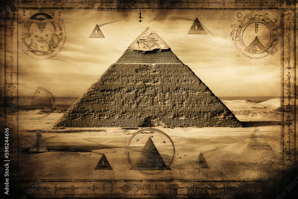 Poster pyramid with astrology and esoteric symbols on it. esoteric, ancient wisdom or freemasonry concept c