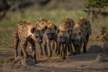 Naklejka na ściany i meble A pack of hyenas scavenging for foo