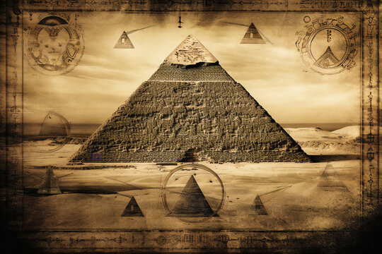Pyramid with astrology and esoteric symbols on it. Esoteric, ancient wisdom or freemasonry concept composition. Created with Generative AI technology.