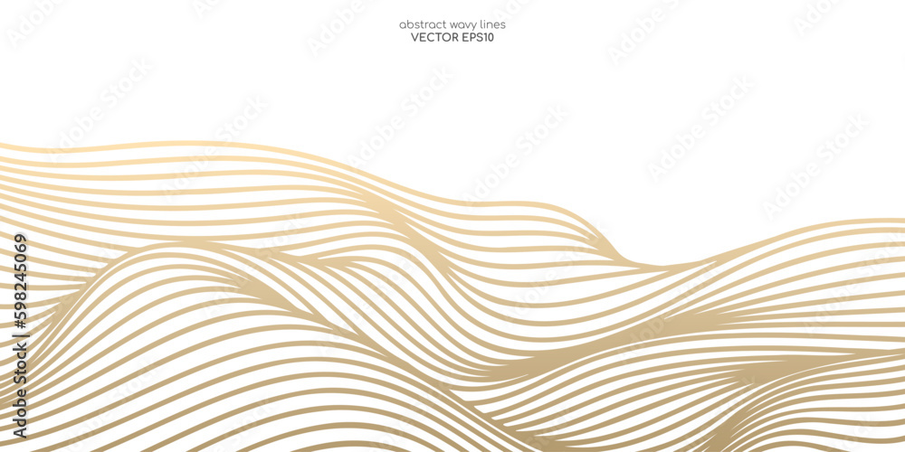 Poster Vector abstract line art wavy smooth flowing dynamic gold gradient isolated white background in concept luxury, wave, ocean, mountain