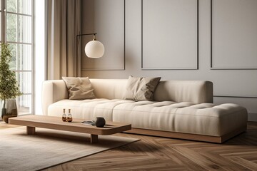 Minimal white couch in beige interior with wooden accents. Rendered in 3D. Generative AI