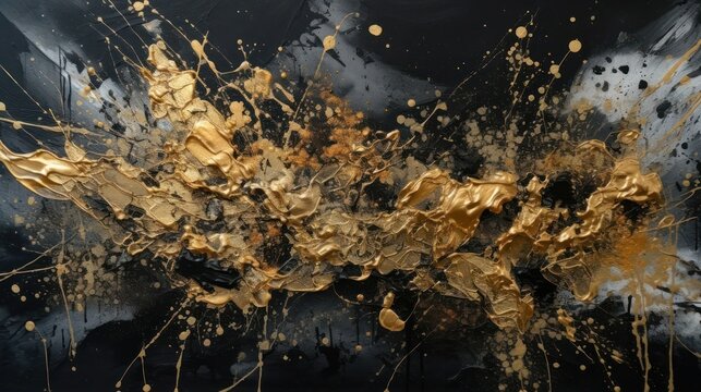 abstract background golden paint stains on a black background. Watercolor and acrylic. Generative AI Generative AI