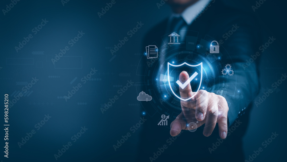 Poster businessman tapping showing data privacy protection or secure online transaction with shield icon on