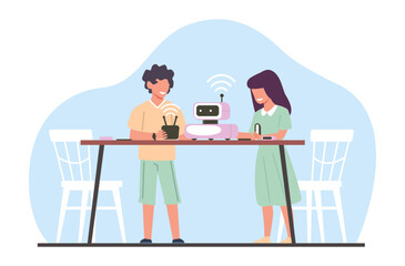 Kids boy and girl made robot, happy children works. Programming android in radio club. Clever babies play with cyborg toys. Little engineers cartoon flat style isolated vector concept