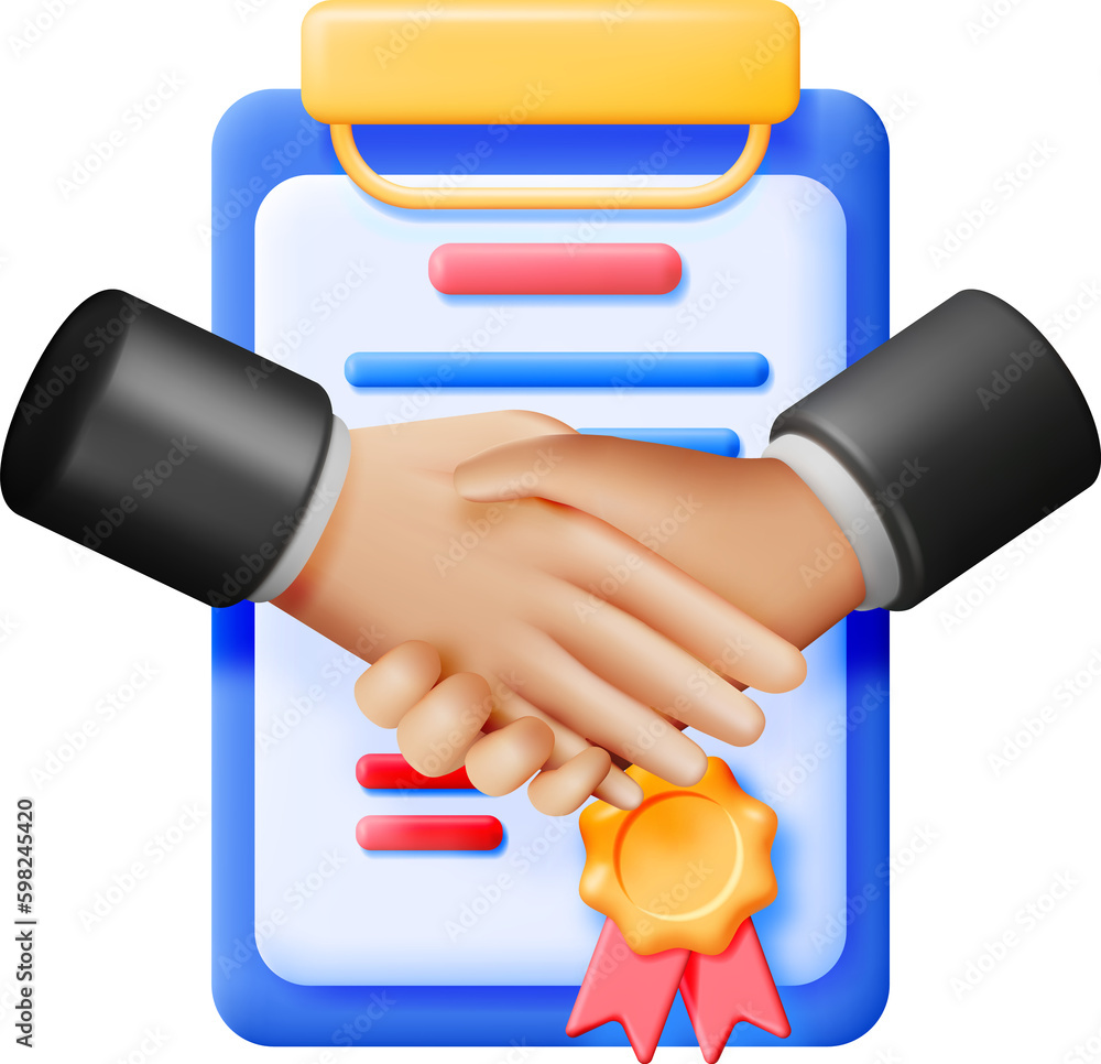 Poster 3d handshake gesture with contract document.