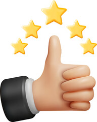 3D Thumb Up Pointing at Five Gold Star Rating