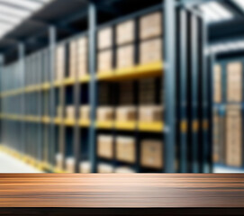 A wooden table in a warehouse with a shelf in the background