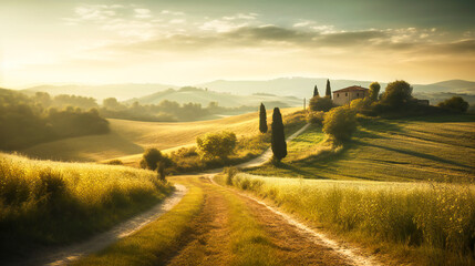 Fototapeta premium Beautiful nature landscape under morning light. Created with Generative AI technology.