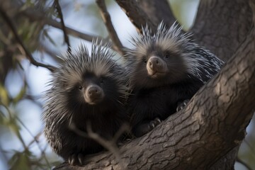 A pair of porcupines in a tre