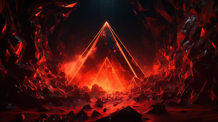 3d render, abstract futuristic background, red neon triangle, and glowing geometric shape. Fantastic neon wallpaper,