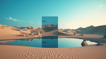 Surreal desert landscape with mirror Rectangle, and blue sky. minimal abstract background - Generative Ai 