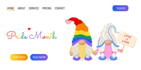 A web page with cute lesbian couple gnomes with lgbt flag and poster that says love is love. Pride month.