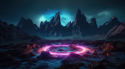 Fototapeta na wymiar 3d render, abstract neon background with mountains, pink light, and extraterrestrial landscape under the night sky. Rocks and water reflection. - Ai Generative