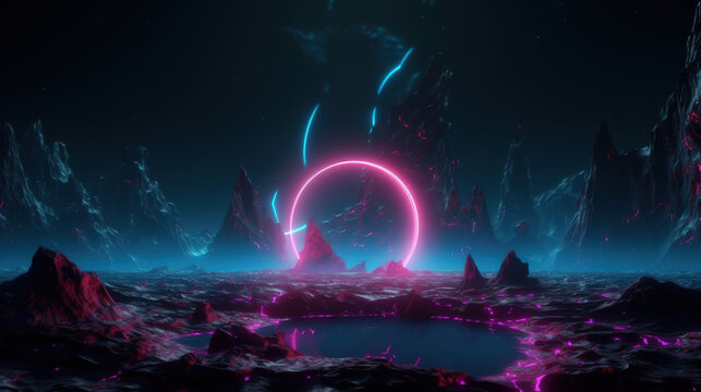 3d render, abstract neon background with mountains, pink light, and extraterrestrial landscape under the night sky. Rocks and water reflection. - Ai Generative