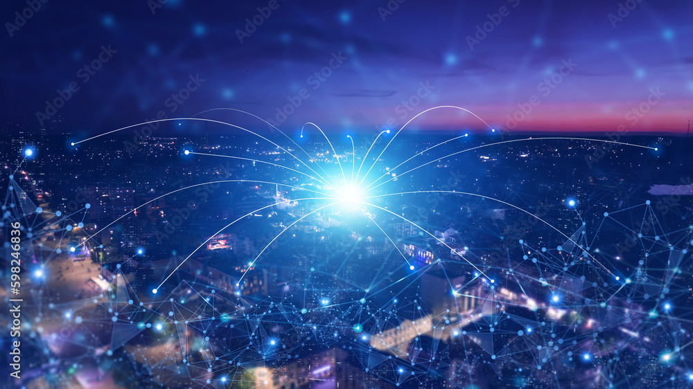 Poster telecommunication and communication network on city.smart city development concept.modern big data c