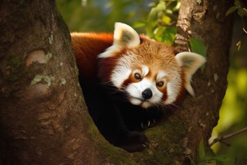 A red panda curled up in a tre