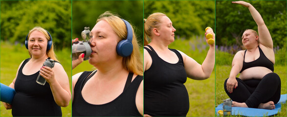 Banner collage Plus size white Caucasian woman in headphones, a black T-shirt with a yoga mat in...