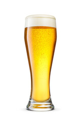 Weizen glass of fresh yellow beer with cap of foam isolated. Transparent PNG image.