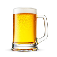 Mug of fresh yellow beer with cap of foam isolated. Transparent PNG image.