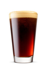 Shaker pint glass of fresh dark stout beer with cap of foam isolated. - obrazy, fototapety, plakaty