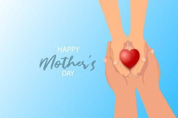Happy Mother's Day or International Day of Families.Happy women's day.Heart in the hands of daughter and mother on a blue background.I love you.Banner for store.Greeting card. Banner.