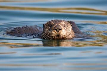 Fototapeta premium An otter floating on its back in the wate