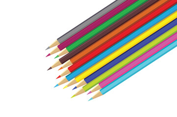 wooden color pencils arranged in bulk on a white isolated background, Drawing colors, multicolors
