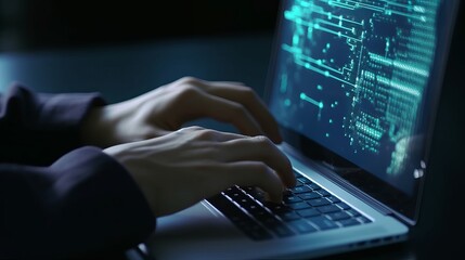 Software development concept. Coding programmer, software engineer working on laptop with javascript computer code on virtual screen, internet of things IoT, digital technology, Generative AI